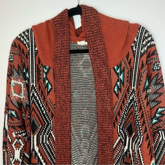 Ecoté Urban Outfitters Relaxed Fit Rust Aztec Hooded Cardigan Sweater Size Small - Picture 4 of 16